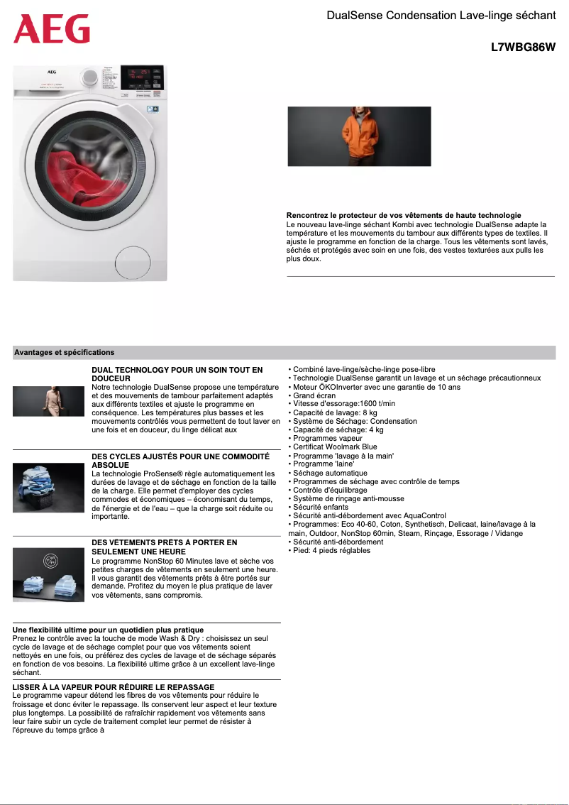 Page 1 de la notice Fiche technique AEG L7WBG86W