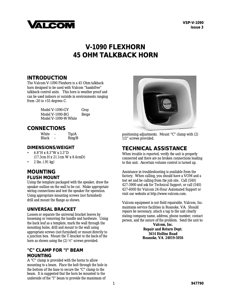 Página 1 del manual Manual de usuario Valcom V-1090