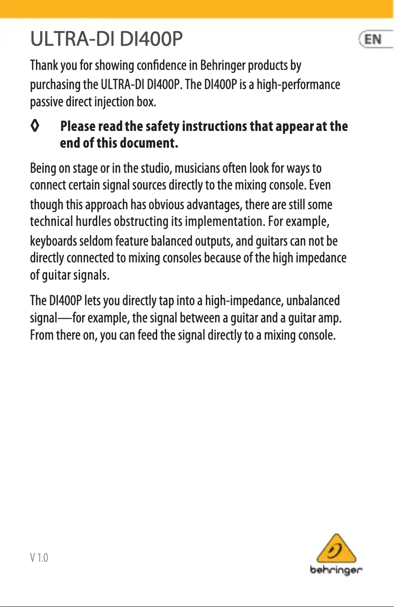 Page 1 de la notice Manuel utilisateur Behringer DI400P