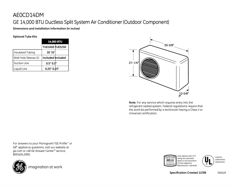 Página 1 del manual Ficha técnica GE AE0CD14DM