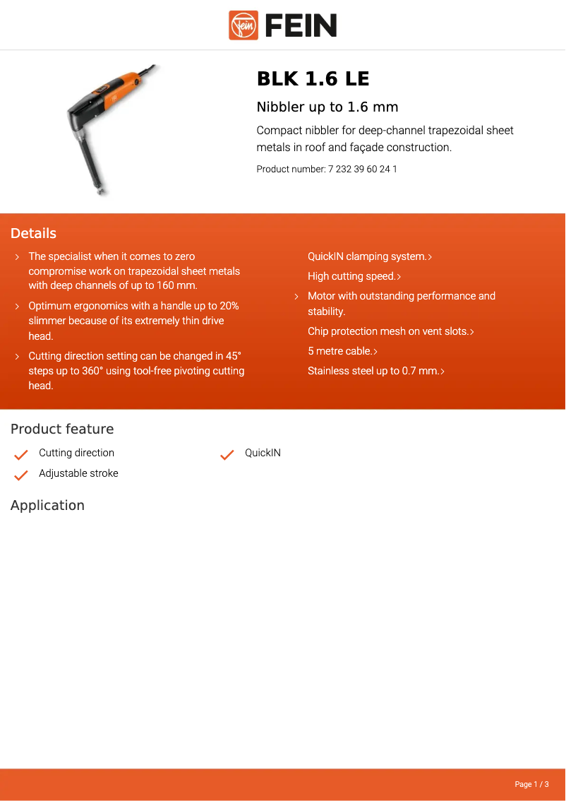 Page 1 de la notice Fiche technique Fein BLK 1.6 LE