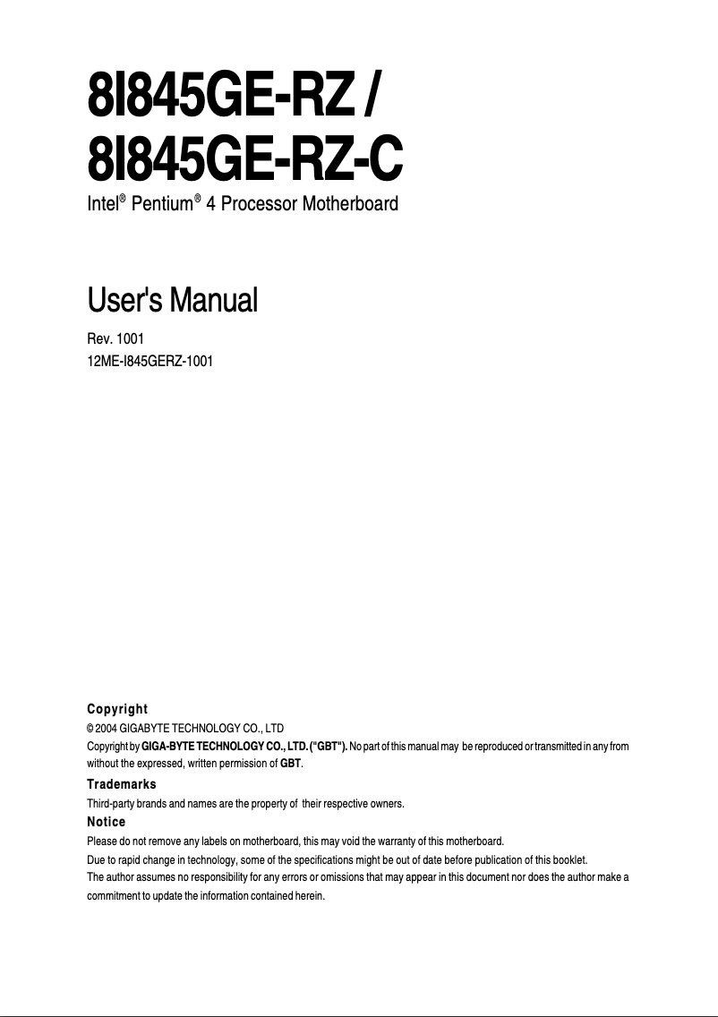 Page 1 de la notice Manuel utilisateur Gigabyte 8I845GE-RZ