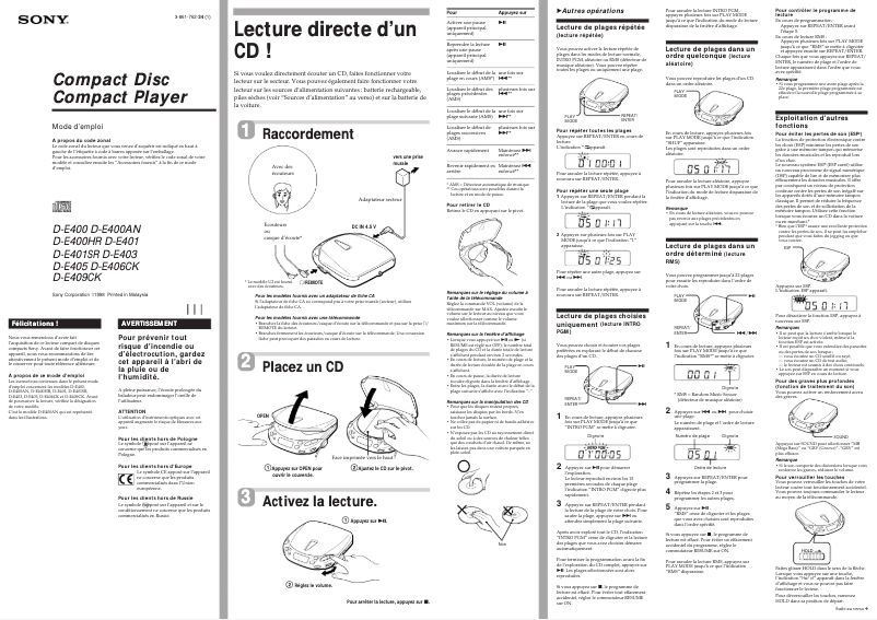 Page 1 de la notice Manuel utilisateur Sony D-E401