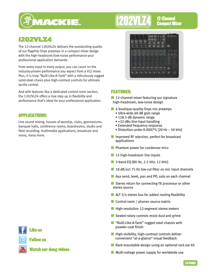 Page 1 de la notice Fiche technique Mackie 1202VLZ4