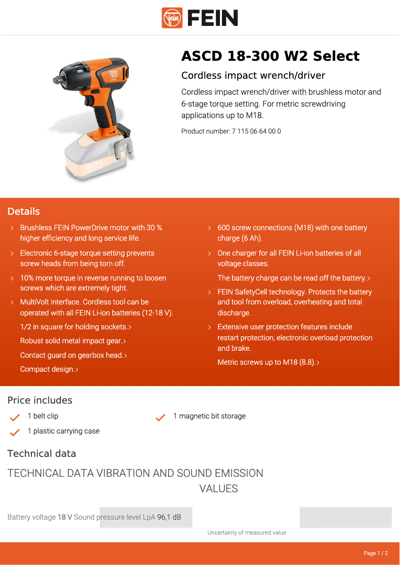 Page 1 de la notice Fiche technique Fein ASCD 18-300 W2 Select