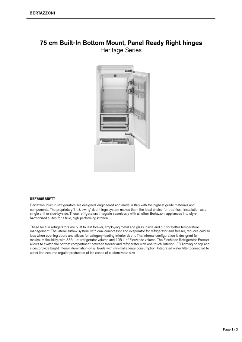 Page 1 de la notice Fiche technique Bertazzoni REF755BBRPTT