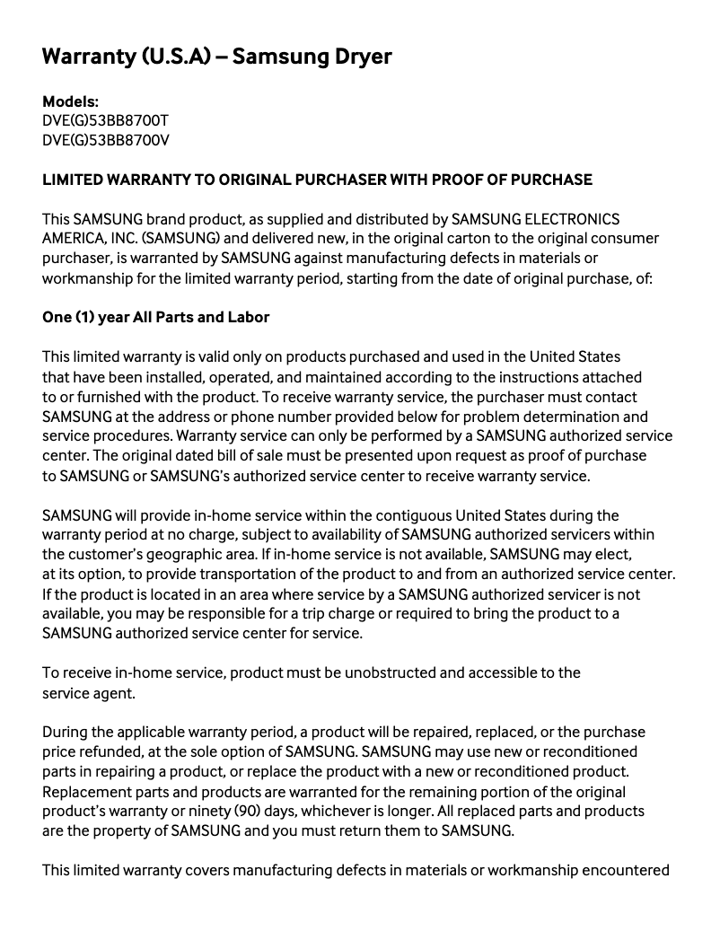 Page 1 de la notice Informations de garantie Samsung DVE53BB8700V