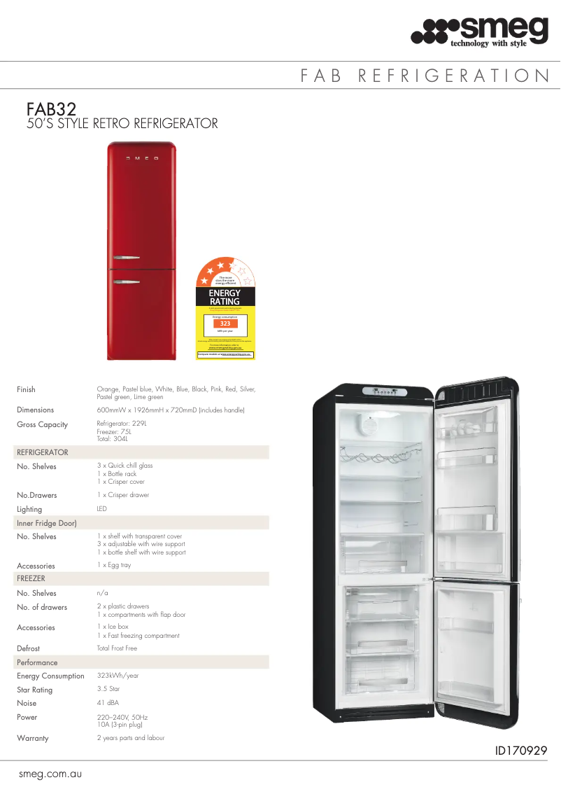 Page 1 de la notice Fiche technique Smeg FAB32LPBNA1