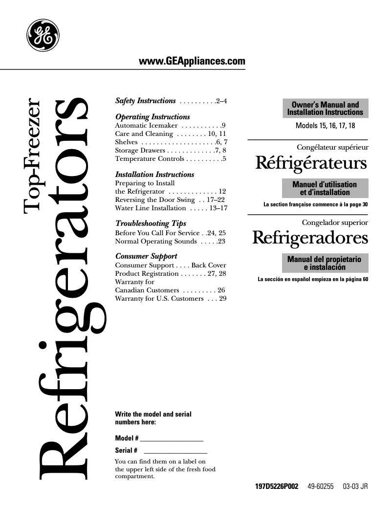Page 1 de la notice Manuel d'utilisation et d'entretien GE GTR15BBMLAA