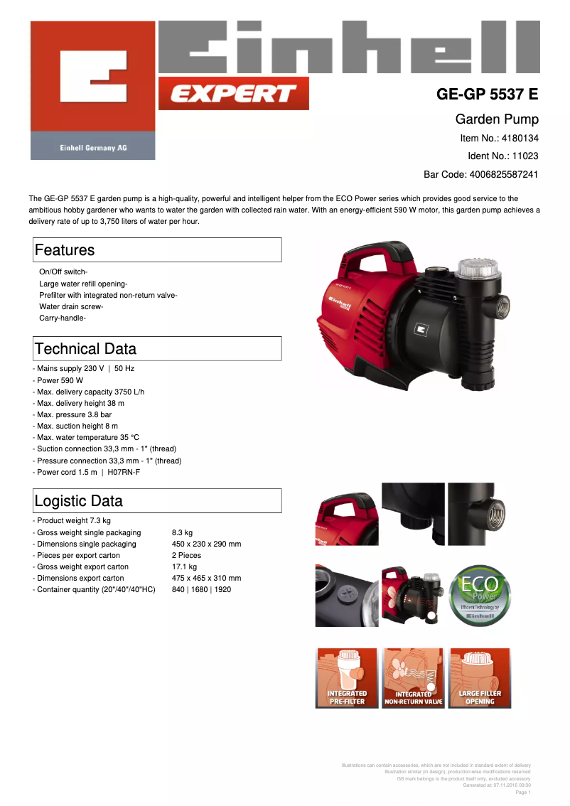 Page 1 de la notice Fiche technique Einhell GE-GP 5537 E