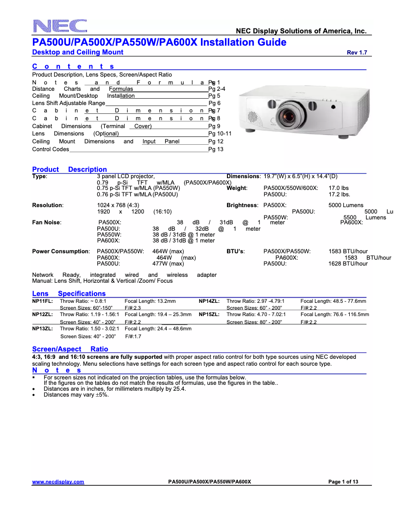 Page 1 de la notice Manuel utilisateur NEC NP-PA500U-13ZL