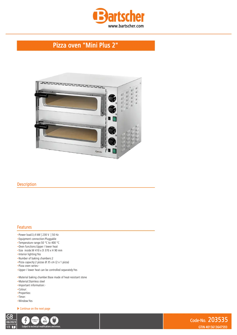 Page 1 de la notice Fiche technique Bartscher 203535