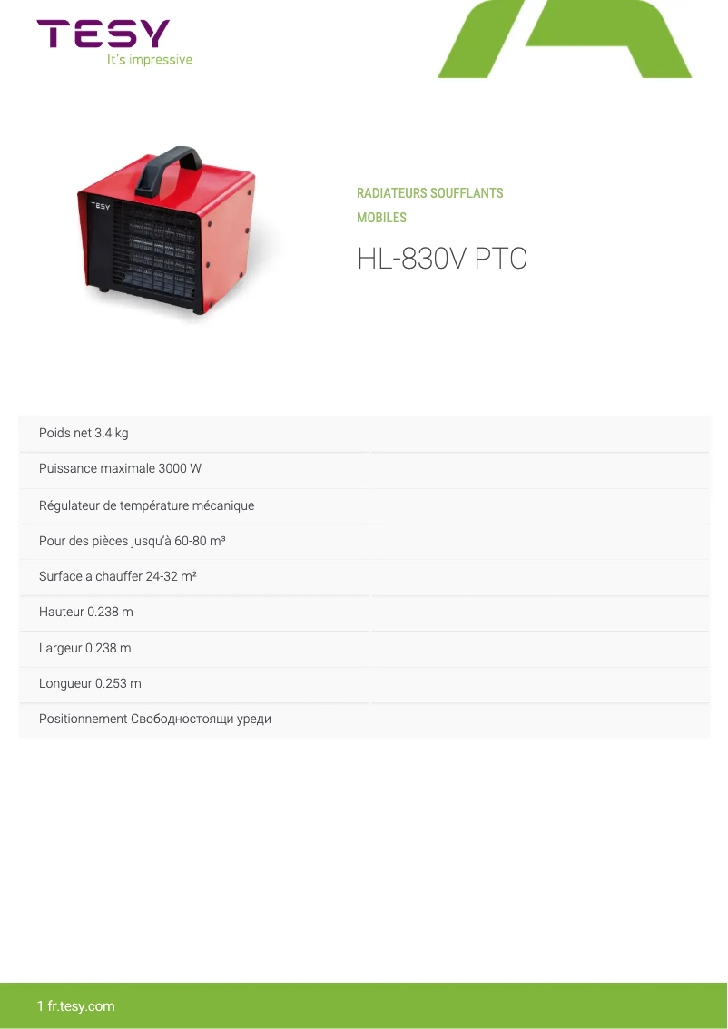 Página 1 del manual Ficha técnica Tesy HL 830 V PTC