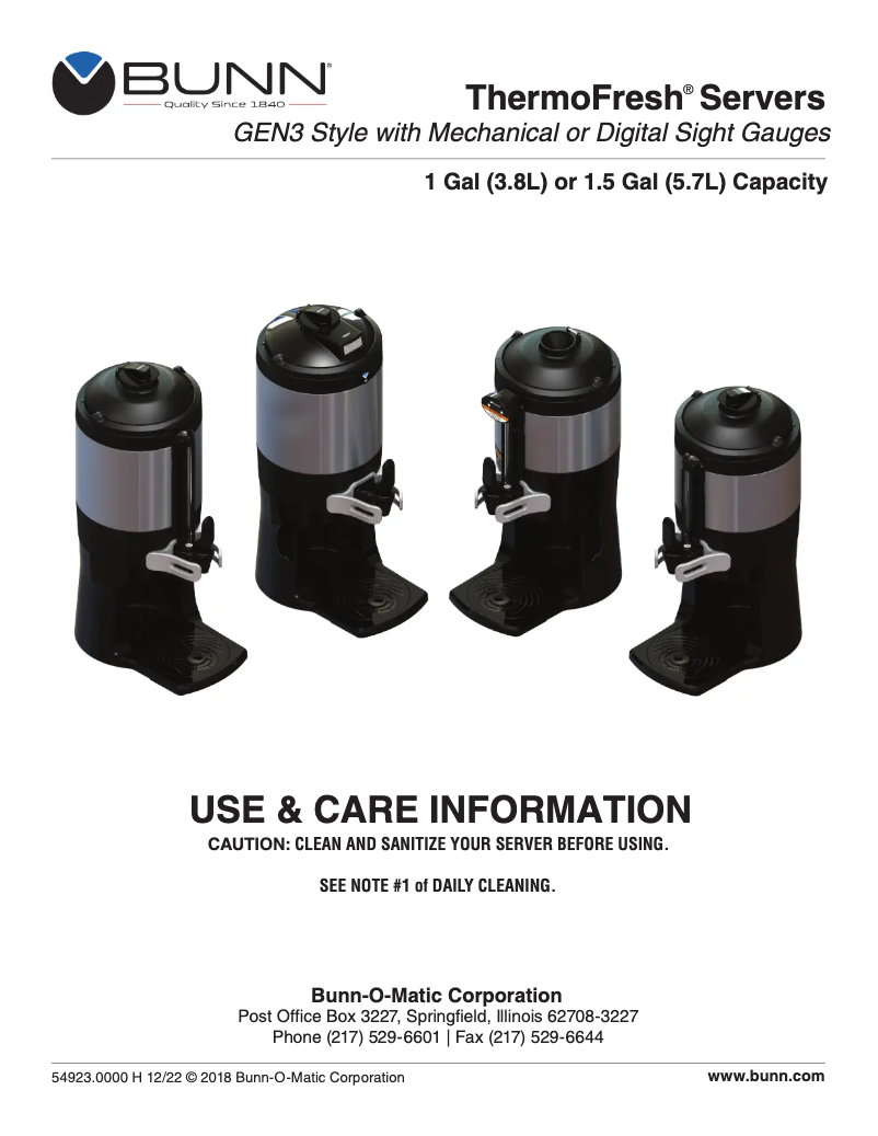 Page 1 de la notice Manuel d'utilisation et d'entretien Bunn ThermoFresh