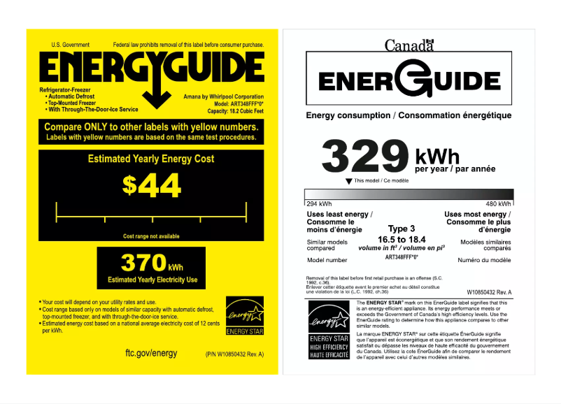 Page 1 de la notice Label énergétique Amana ART348FFF