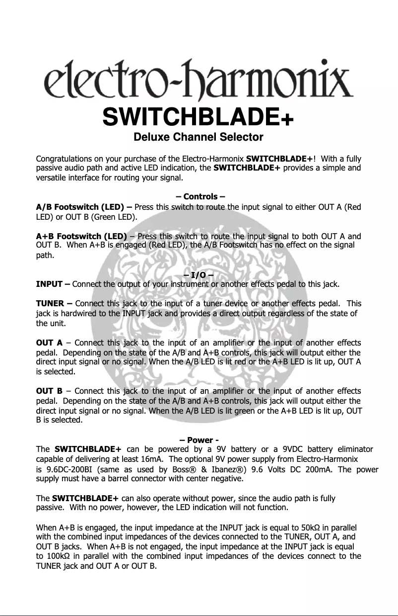 Page 1 de la notice Manuel utilisateur Electro Harmonix Switchblade+