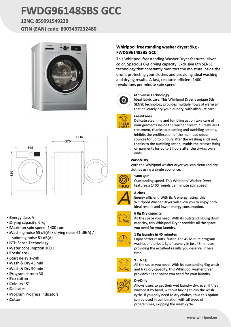 Página 1 del manual Ficha técnica Whirlpool FWDG96148SBS