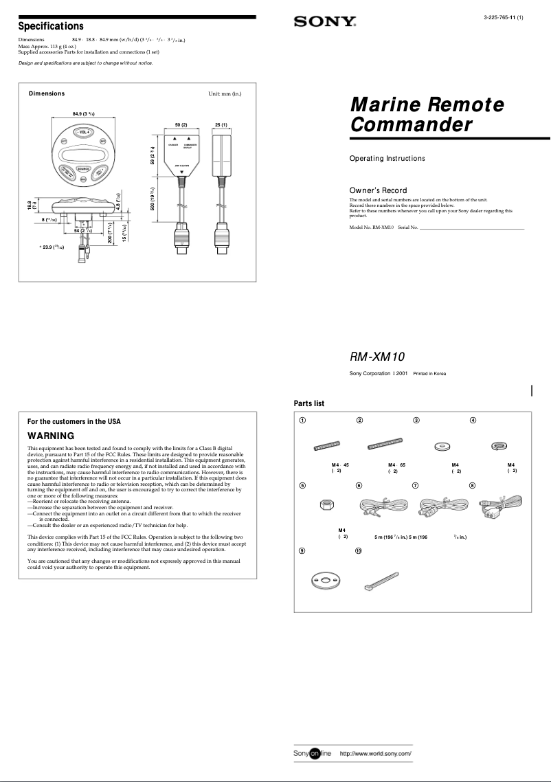 Page 1 of the manual User Manual Sony RM-XM10