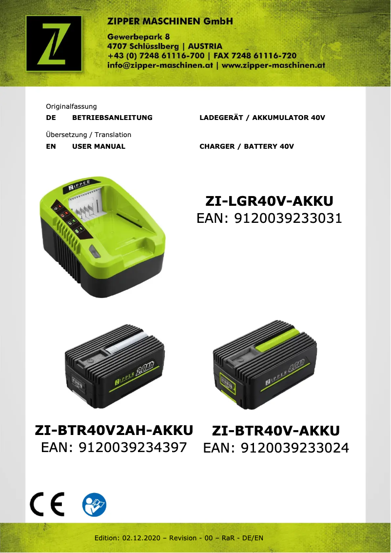 Page 1 de la notice Manuel utilisateur Zipper ZI-BTR40V2AH-AKKU