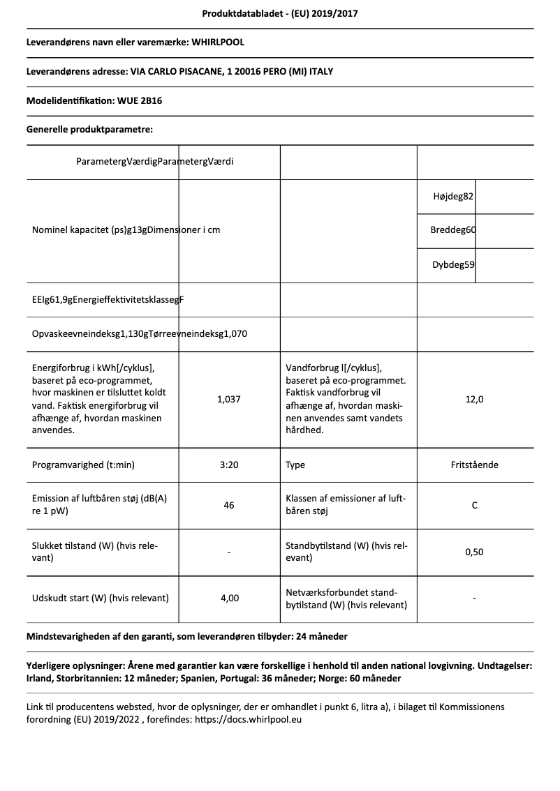 Page 1 de la notice Fiche technique Whirlpool WUE 2B16