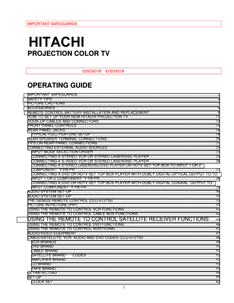 Page 1 de la notice Manuel utilisateur Hitachi 53SDX01B