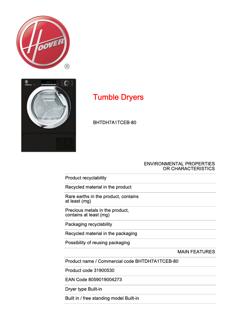 Page 1 de la notice Fiche technique Hoover BHTDH7A1TCEB-80