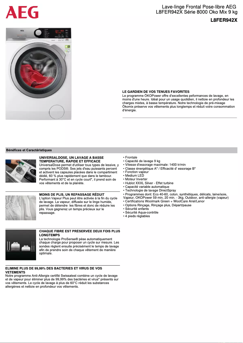 Page 1 de la notice Fiche technique AEG L8FER942X