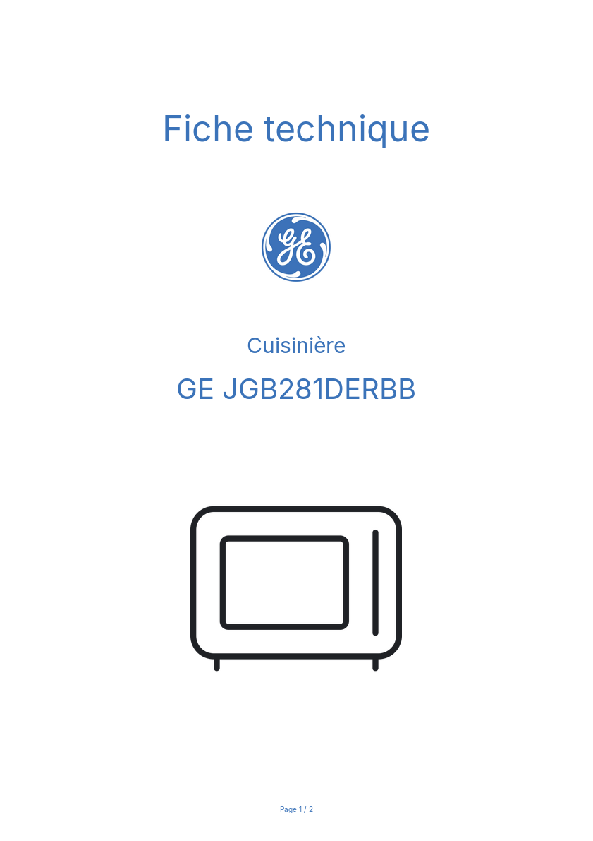 Page 1 de la notice Fiche technique GE JGB281DERBB