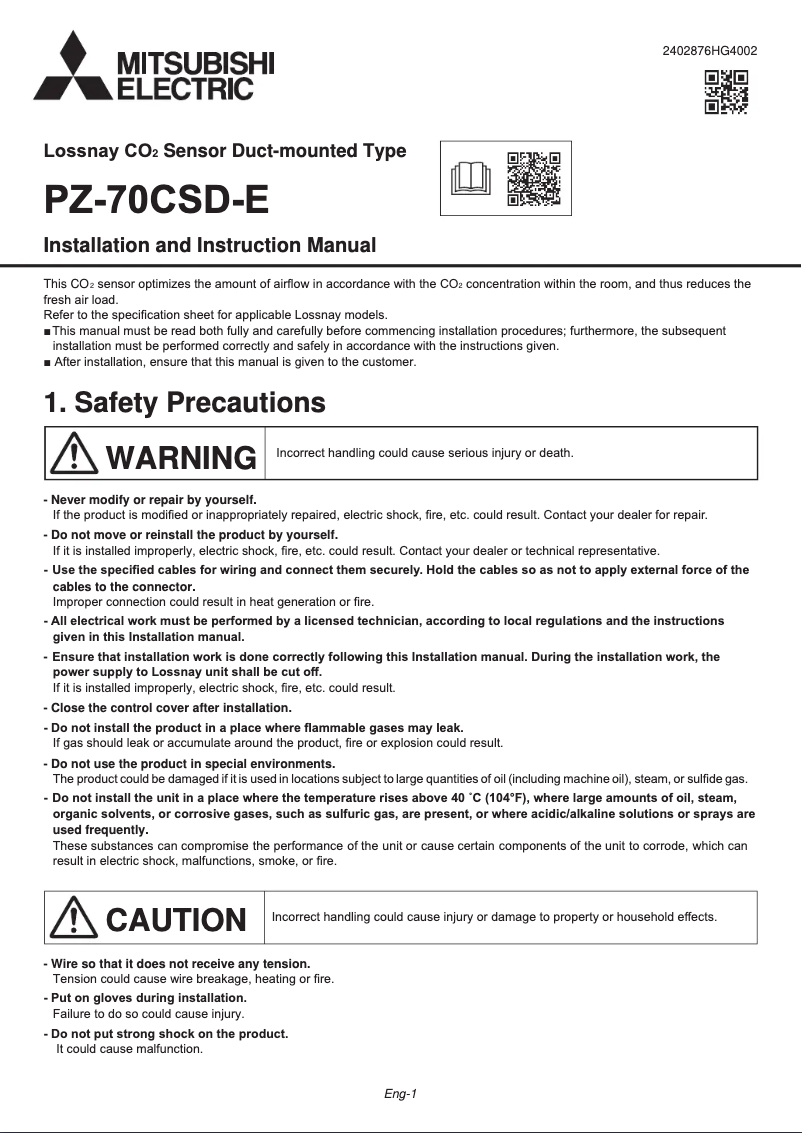 Page 1 de la notice Manuel utilisateur Mitsubishi PZ-70CSD-E