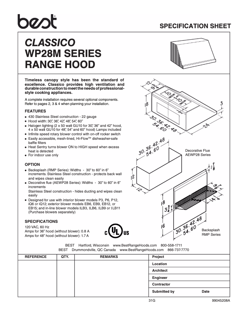 Page 1 de la notice Fiche technique Best Classico WP28M48SB