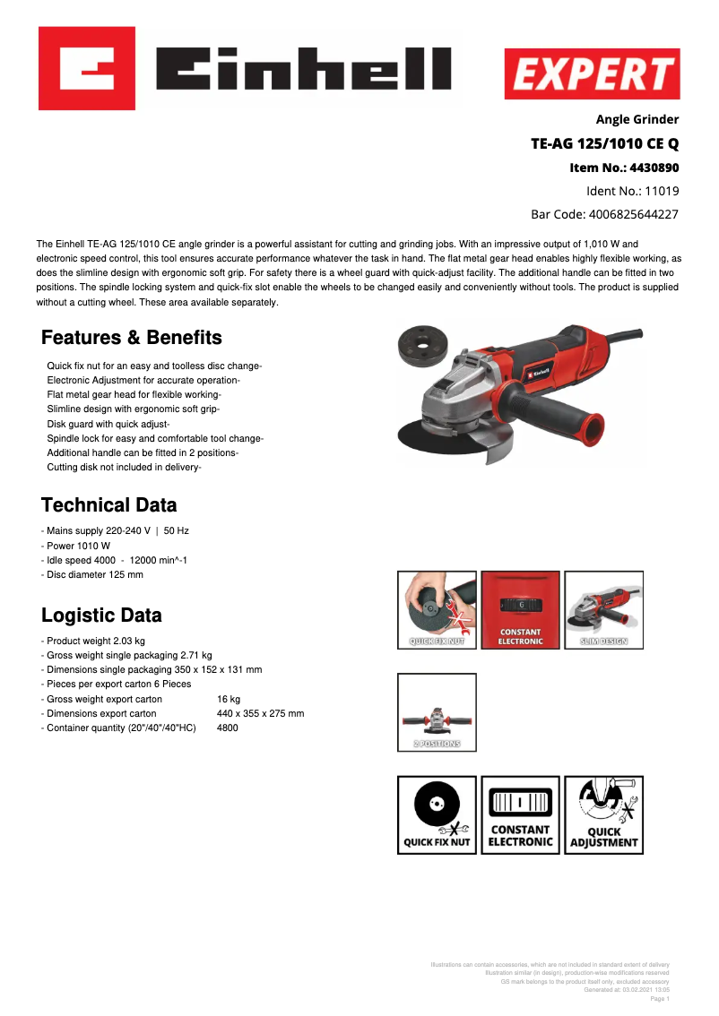 Page 1 de la notice Fiche technique Einhell TE-AG 125/1010 CE Q