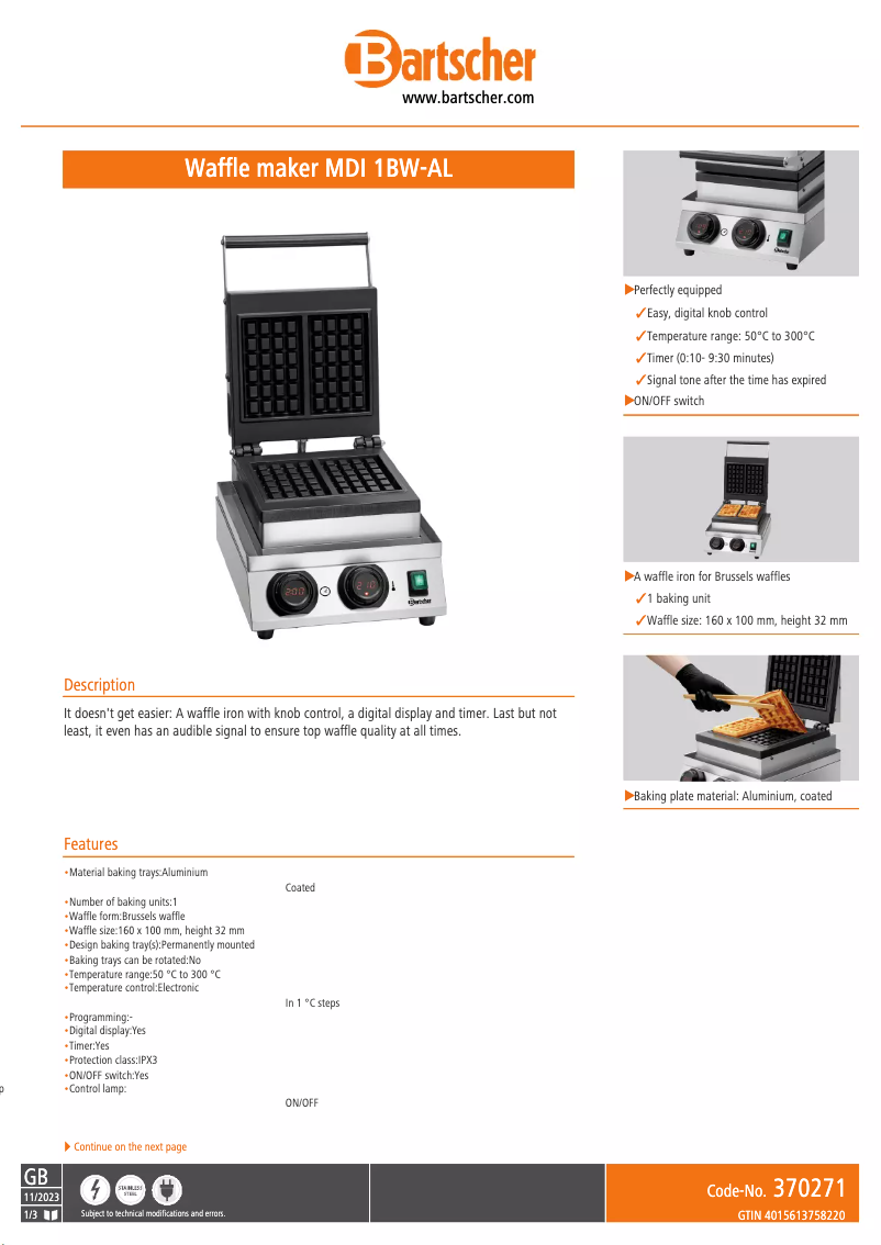 Page 1 of the manual Technical Sheet Bartscher MDI 1BW