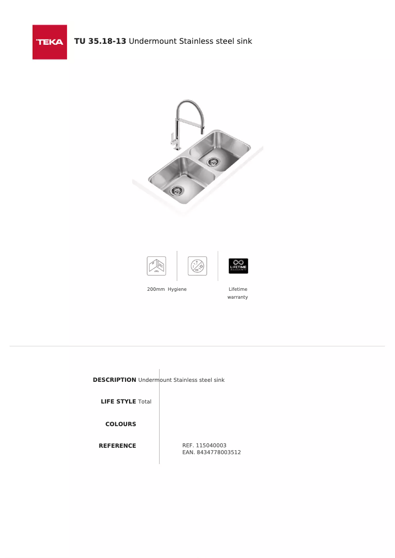 Page 1 de la notice Fiche technique Teka TU 35.18-8 2B