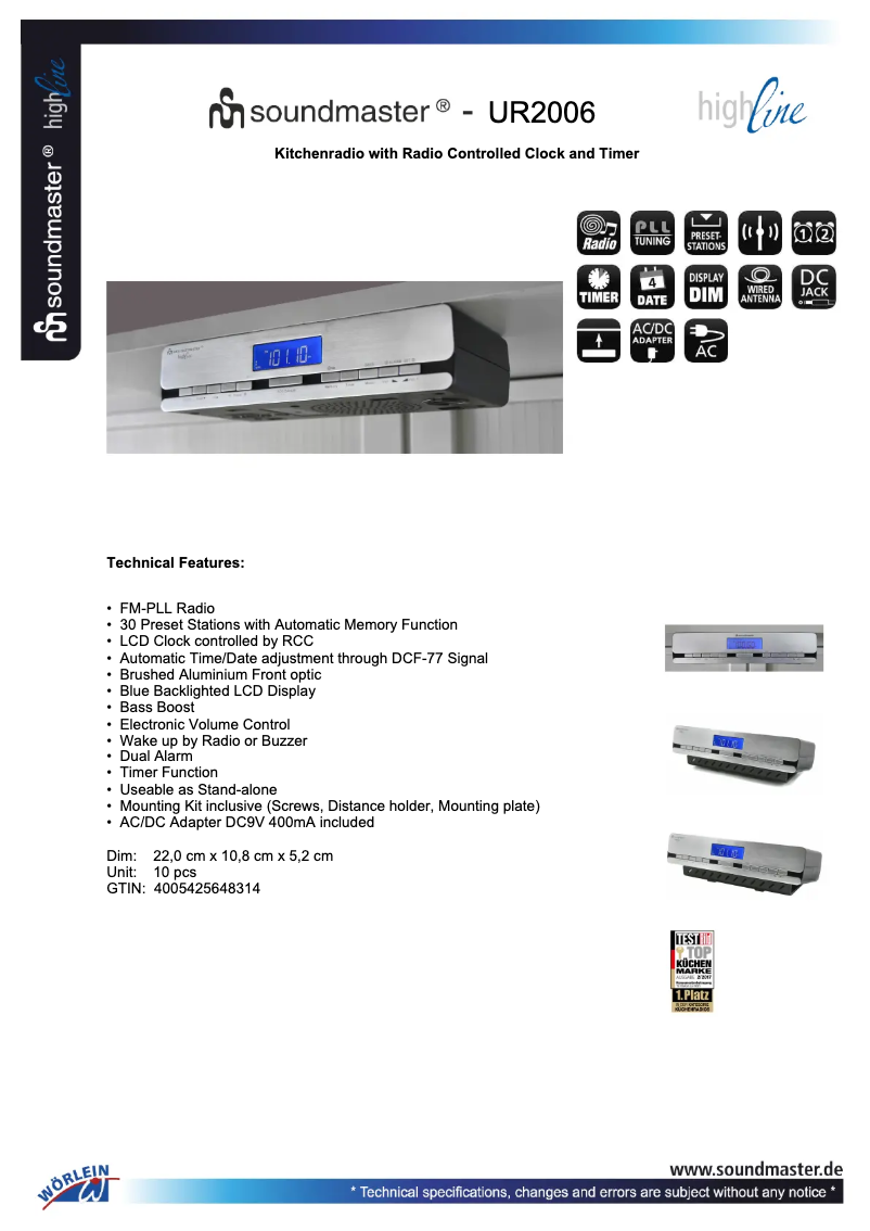 Page 1 de la notice Fiche technique Soundmaster UR2006