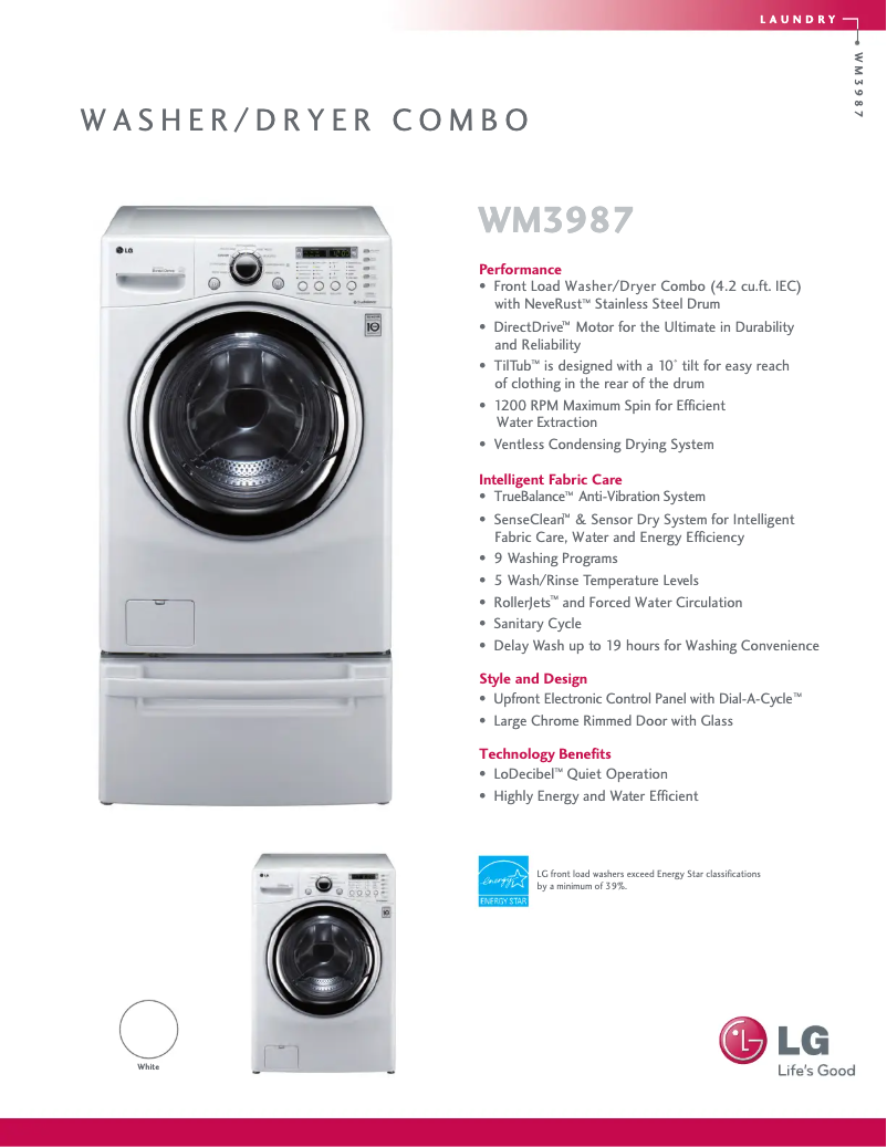 Page 1 de la notice Fiche technique LG WM3987HW