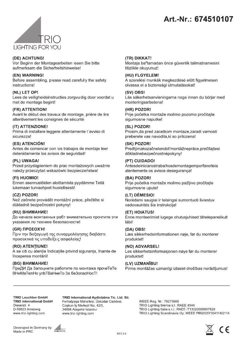 Page 1 de la notice Manuel utilisateur Trio Lighting Subara 674510107