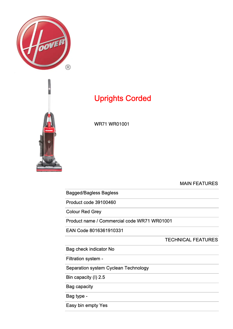 Page 1 de la notice Fiche technique Hoover Whirlwind WR71 WR01001