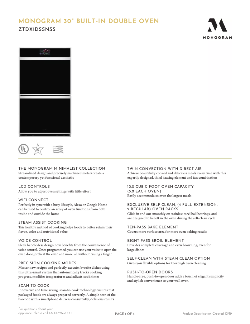 Page 1 de la notice Fiche technique Monogram ZTDX1DSSN