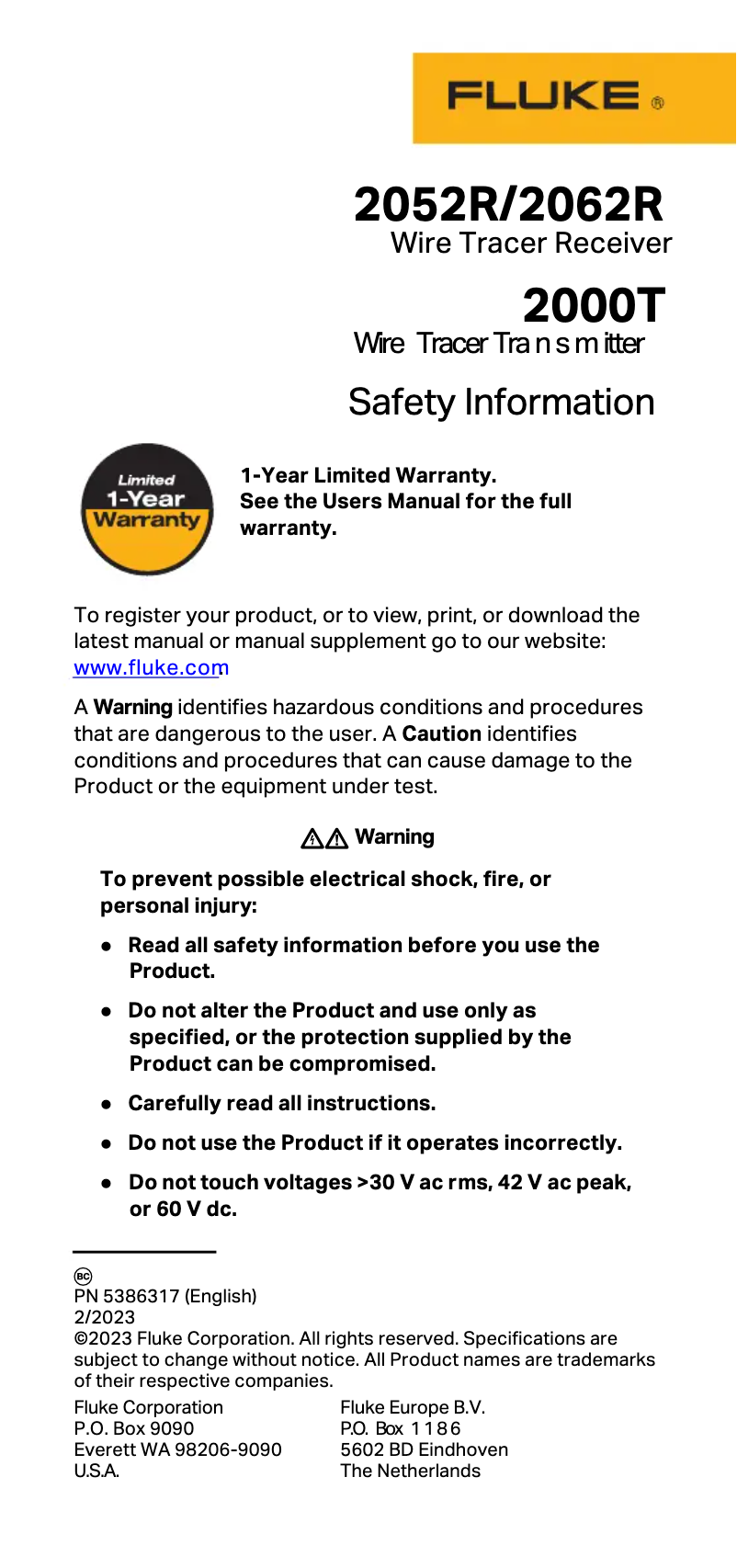 Page 1 of the manual Safety Instructions Fluke 2062R