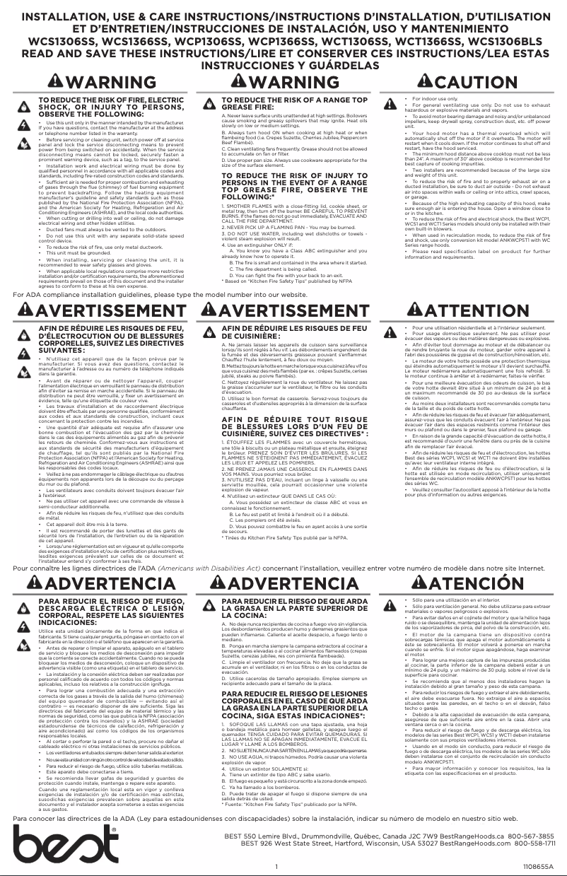 Page 1 de la notice Guide d'installation Best WCS1306SS