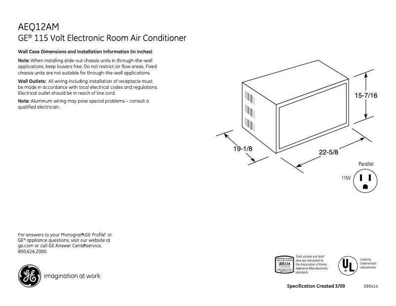 Página 1 del manual Ficha técnica GE AEQ12AM