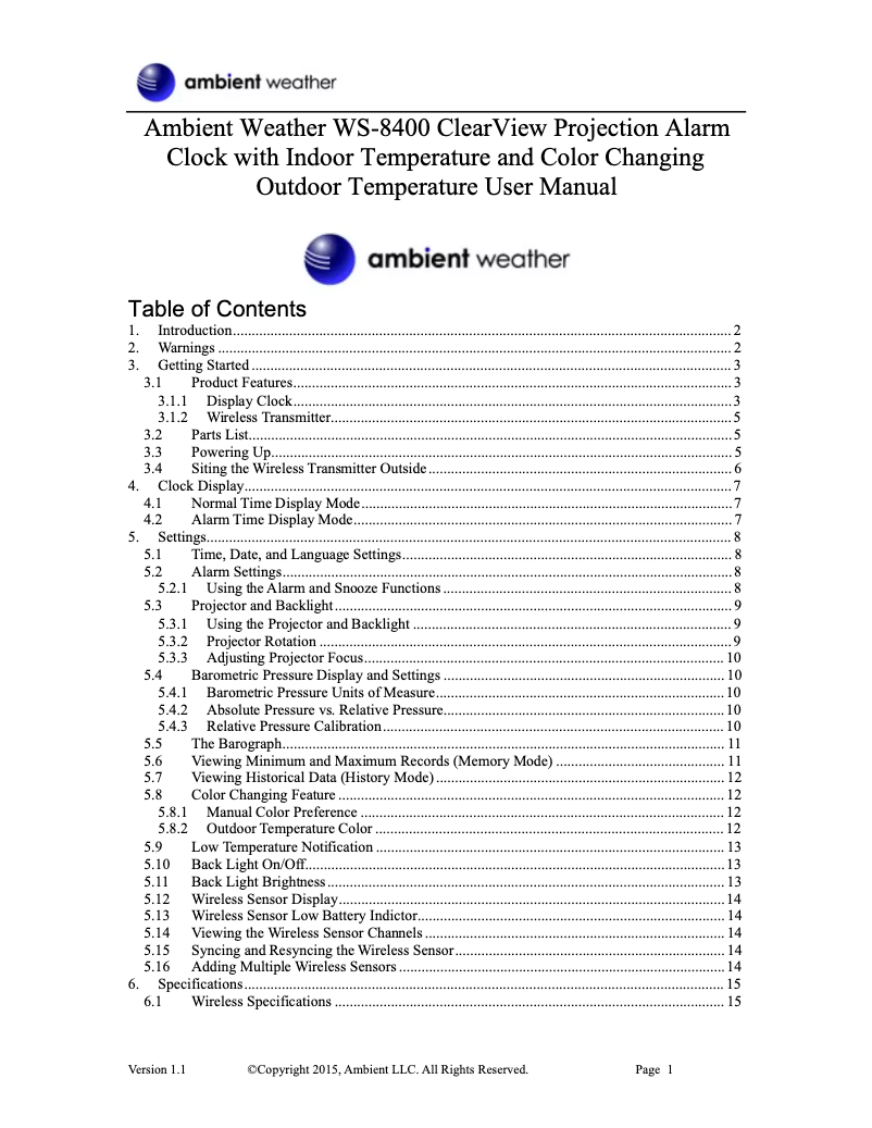 Page 1 de la notice Manuel utilisateur Ambient Weather WS-8400