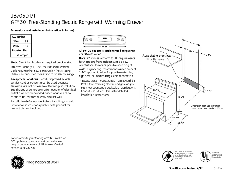 Page n°1 - Fiche technique GE JB705TTCC