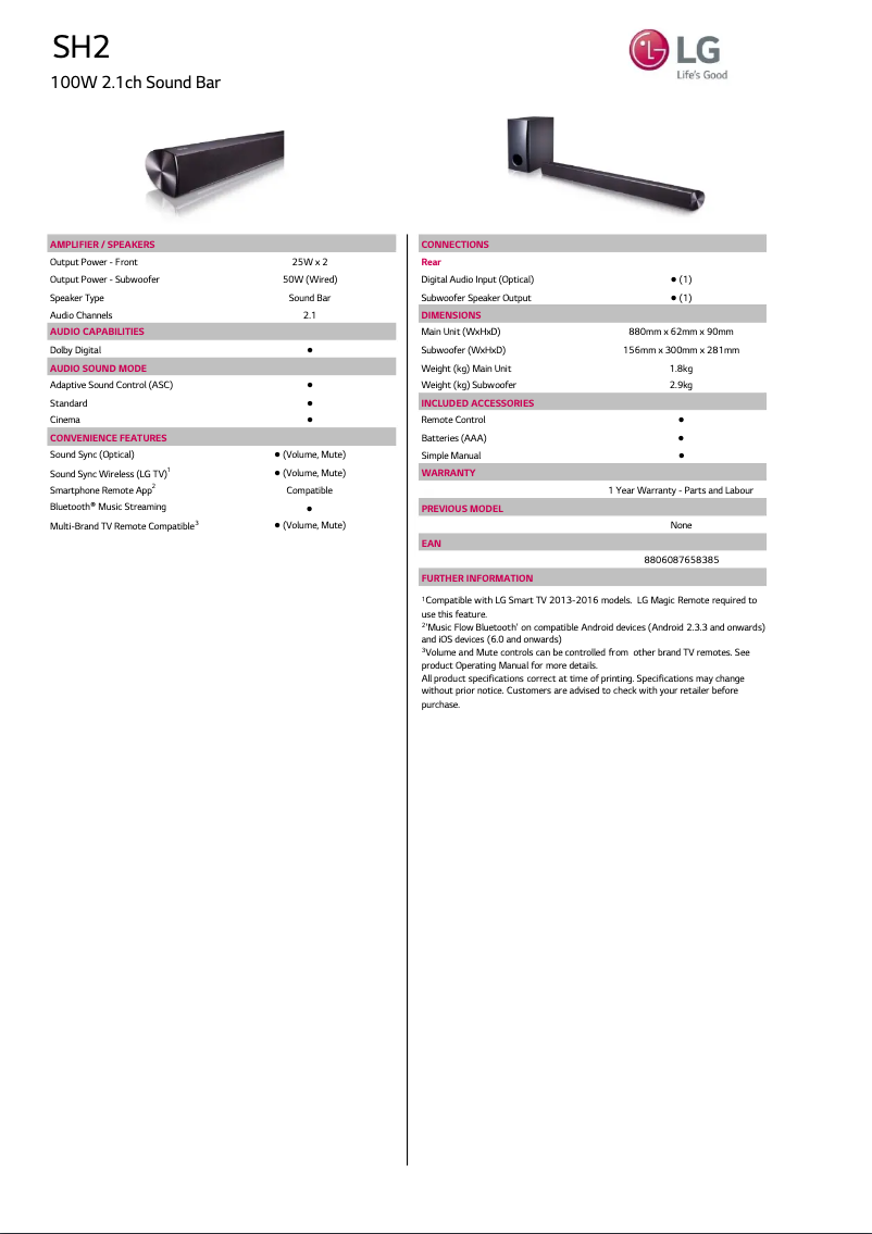 Page 1 de la notice Fiche technique LG SH2