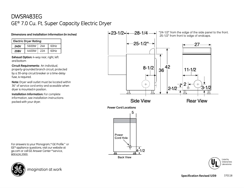 Página 1 del manual Ficha técnica GE DWSR483EGCC