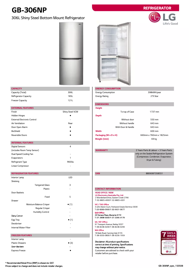 Page 1 de la notice Fiche technique LG GB-306NP