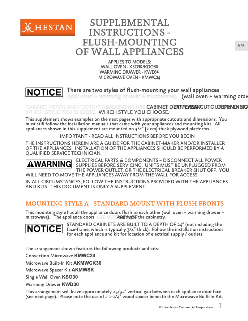 Page 1 de la notice Guide d'installation Hestan KSO30