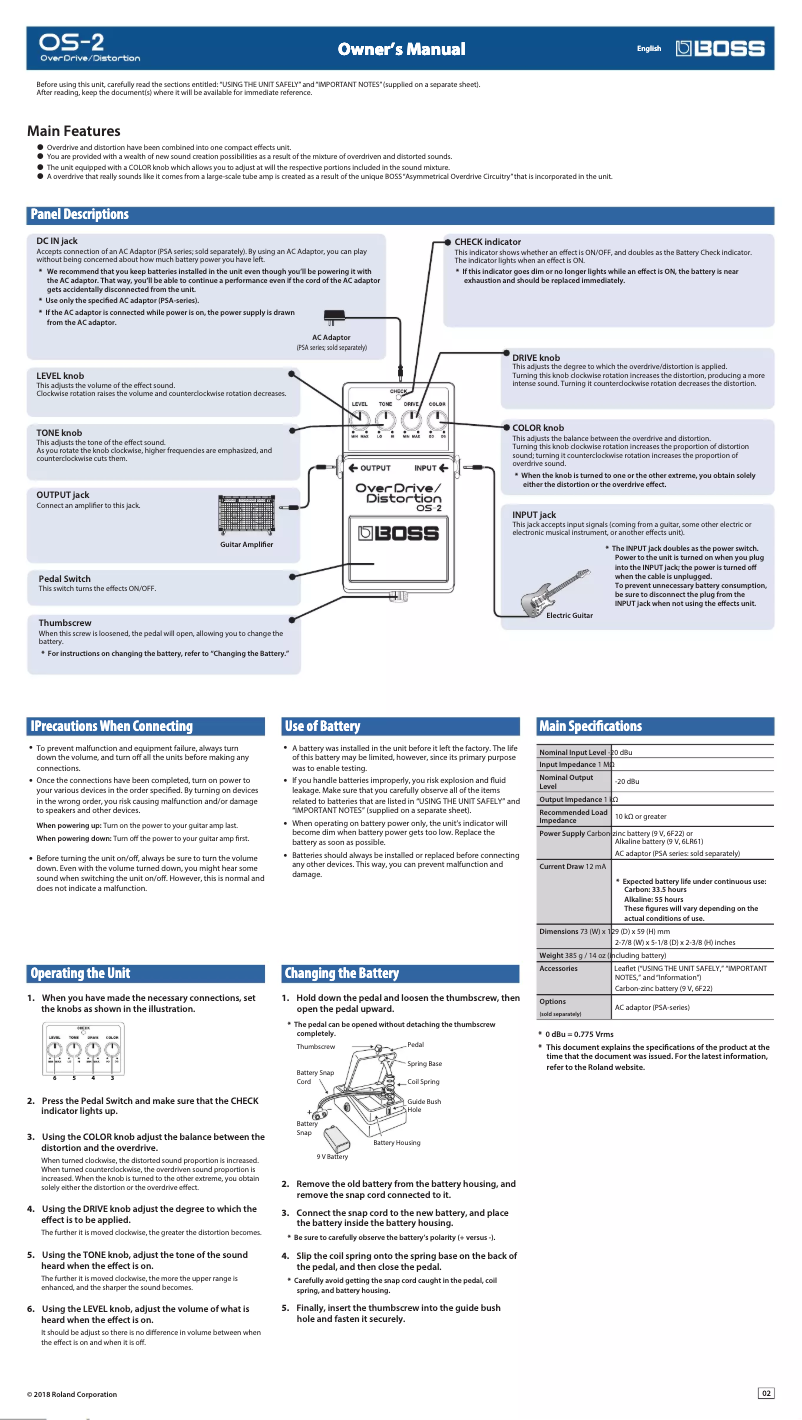 Page 1 de la notice Manuel utilisateur Boss OverDrive/Distortion OS-2