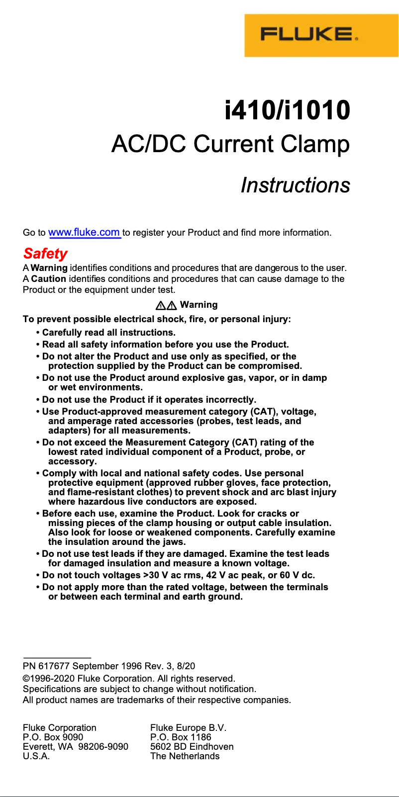 Page 1 de la notice Instructions / montage Fluke i410