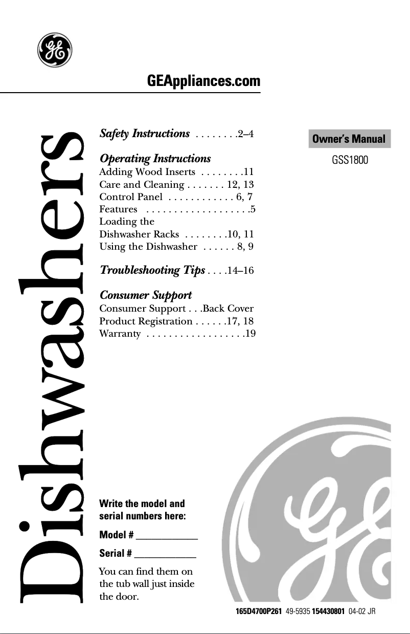 Page n°1 - Manuel d'utilisation et d'entretien GE GSS1800HWW